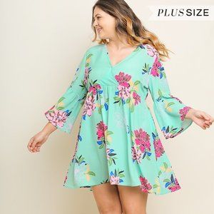 Umgee Plus Mint Floral Keyhole Back Babydoll Dress
